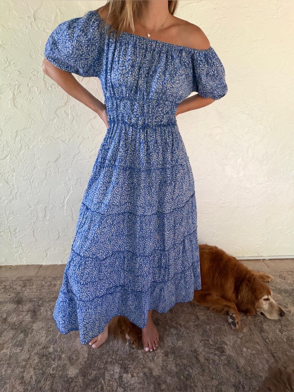 CJ Laing Boho Off-Shoulder Blue Floral Tiered Maxi Dress